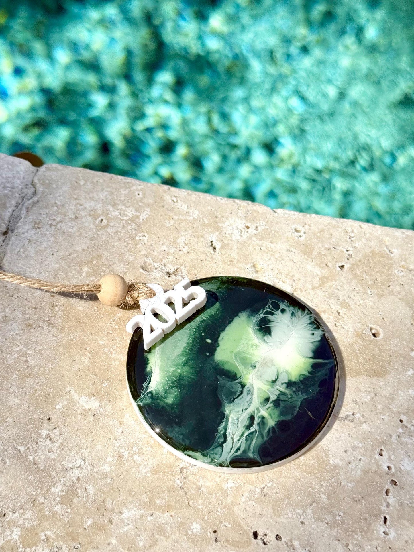 Resin Christmas Ornament: Green Wave Art, Acrylic 2025 Bauble - Christmas Tree Decor