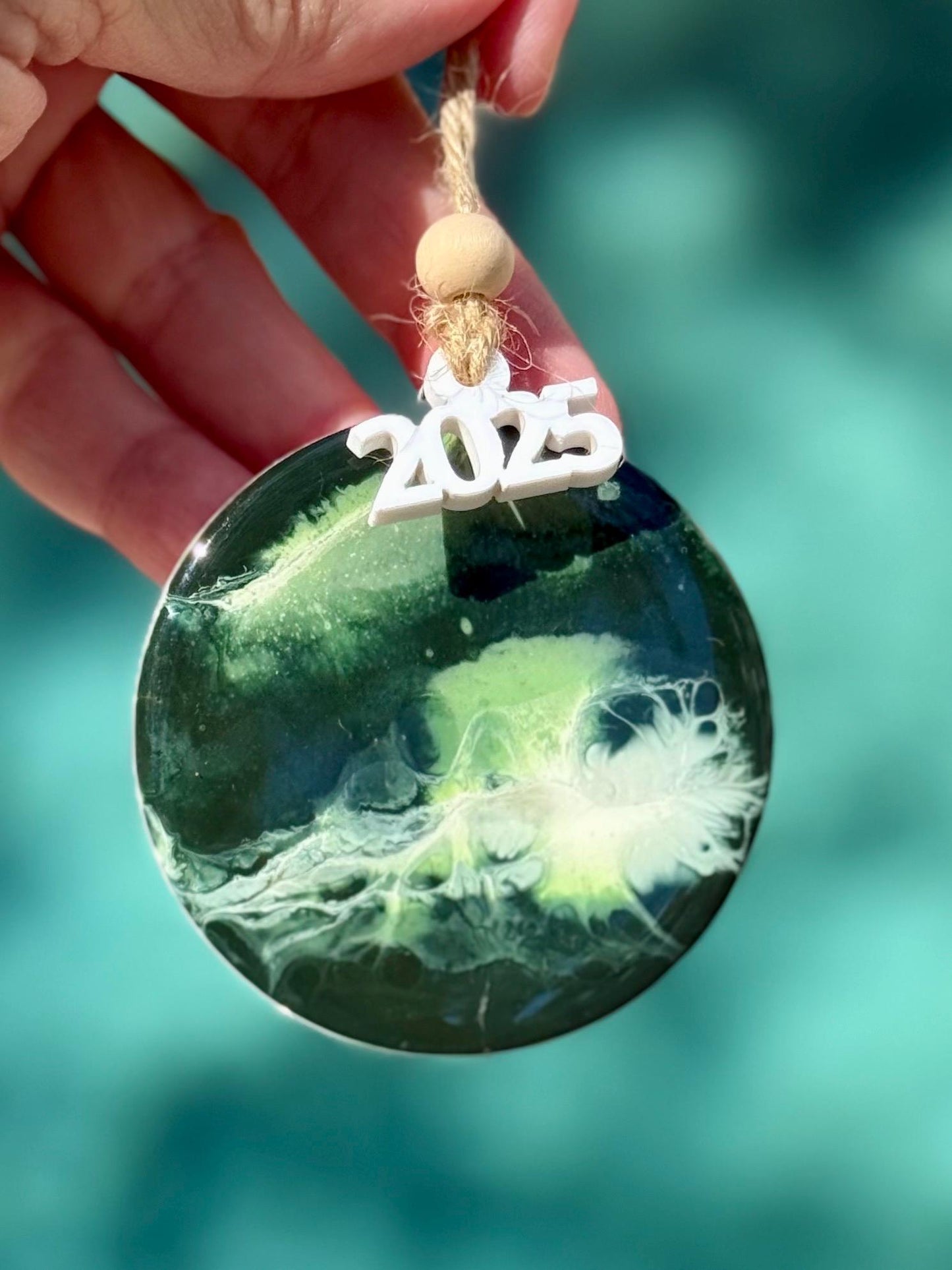 Resin Christmas Ornament: Green Wave Art, Acrylic 2025 Bauble - Christmas Tree Decor