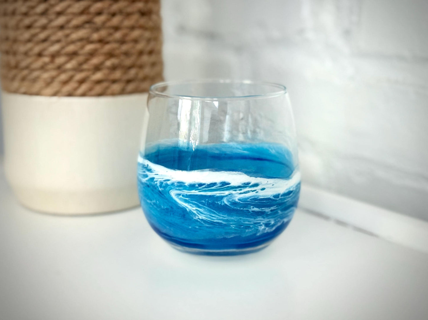 Red Wine Glass with Resin Waves - Coastal Beach House Drinkware - Beach Wedding Gift
