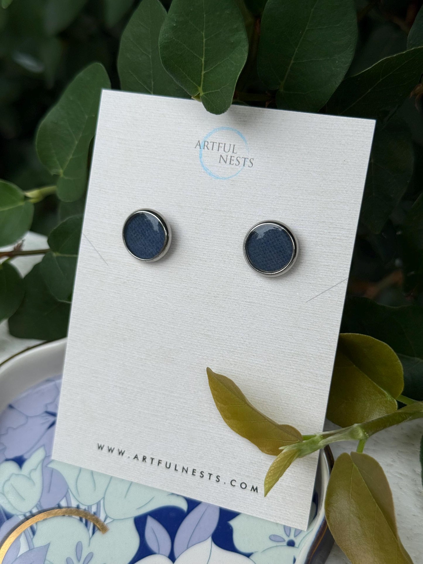 Navy Blue Patterned Resin Earrings - Simple Silver Stainless Steel Studs - Minimalist Jewelry Earrings