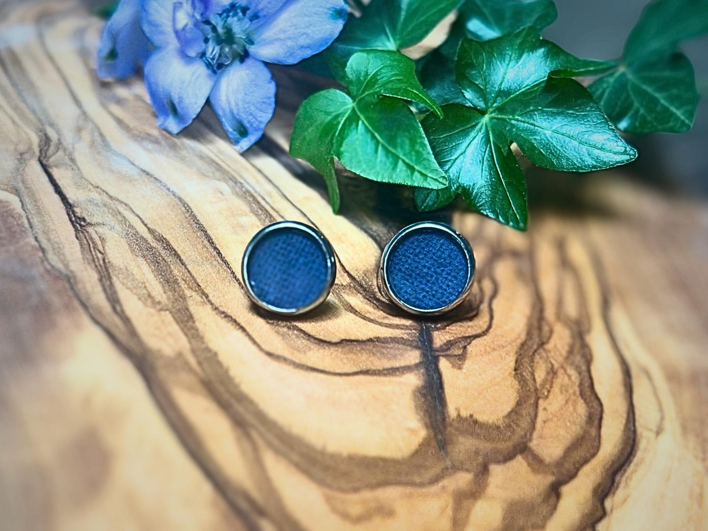 Navy Blue Patterned Resin Earrings - Simple Silver Stainless Steel Studs - Minimalist Jewelry Earrings