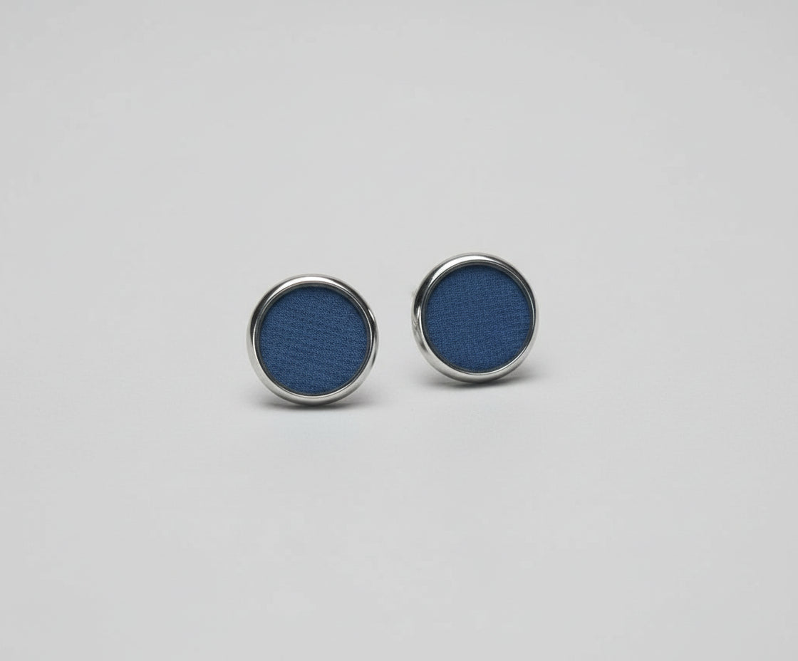 Navy Blue Patterned Resin Earrings - Simple Silver Stainless Steel Studs - Minimalist Jewelry Earrings