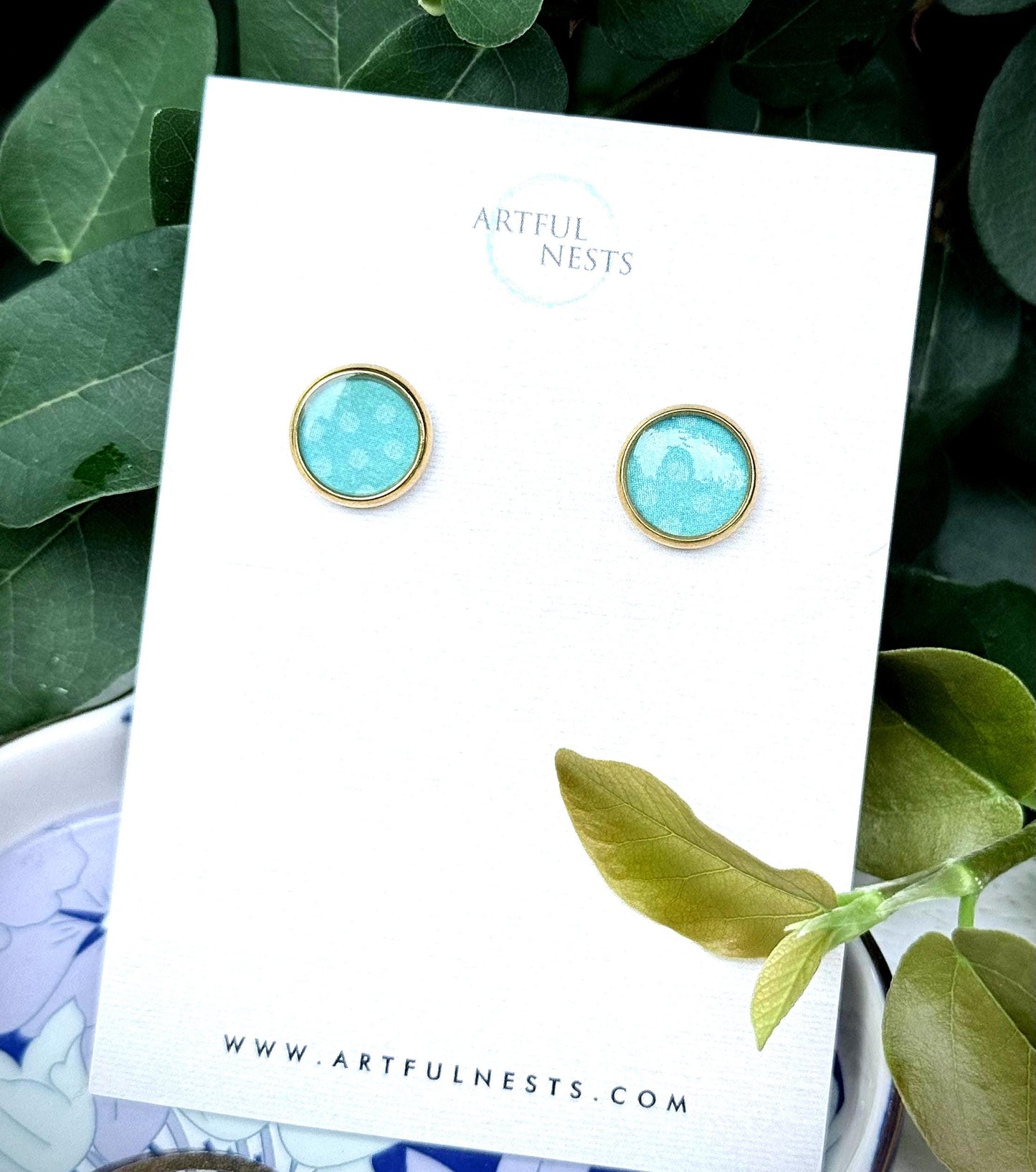 Blue Polka Dot Resin Earrings: Gold Stainless Steel Studs, Handmade