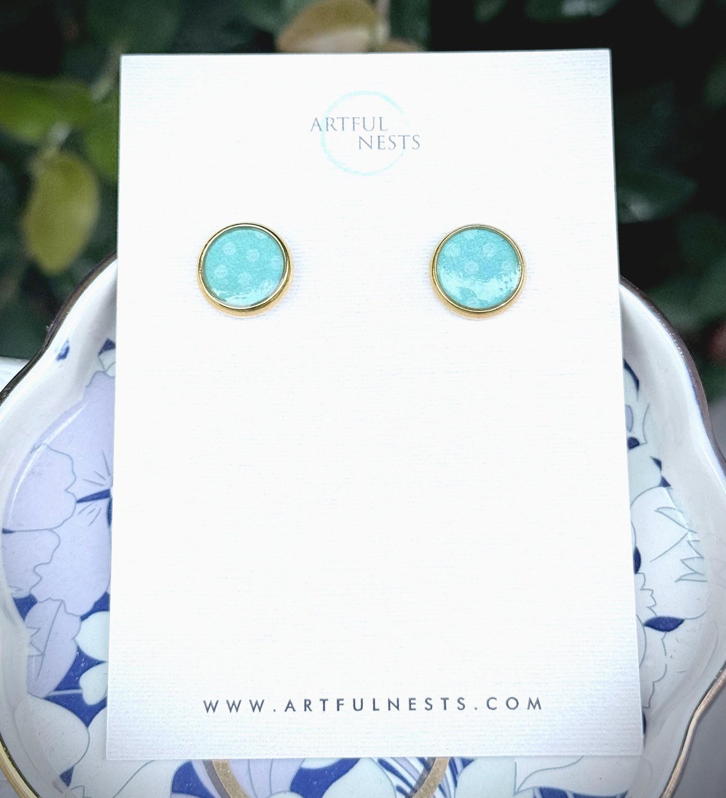 Blue Polka Dot Resin Earrings: Gold Stainless Steel Studs, Handmade