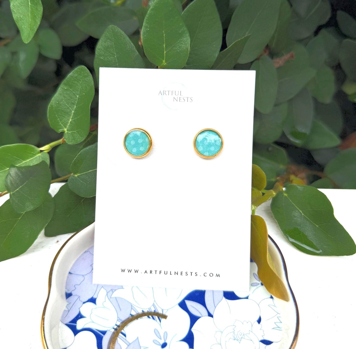 Blue Polka Dot Resin Earrings: Gold Stainless Steel Studs, Handmade