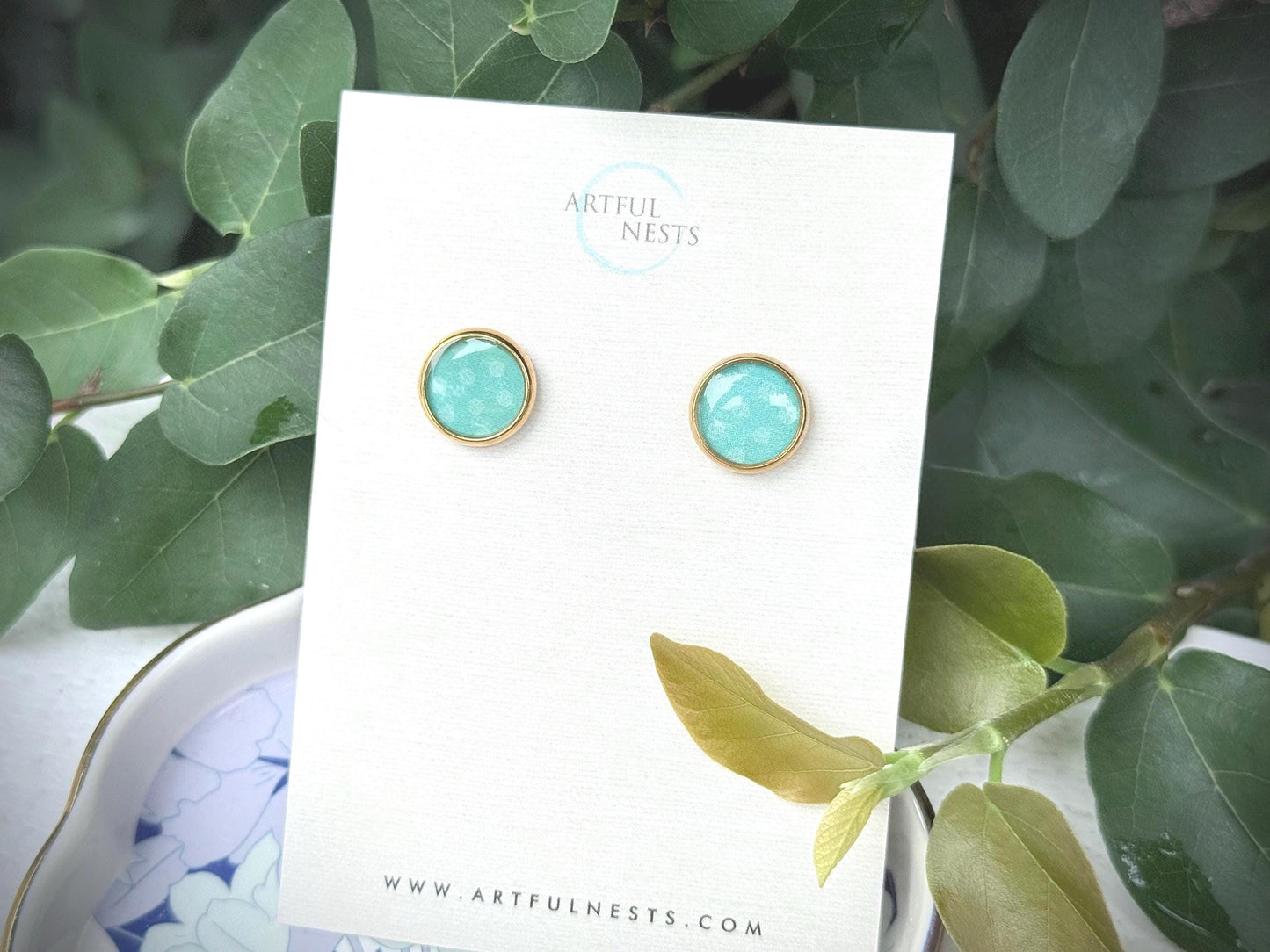 Blue Polka Dot Resin Earrings: Gold Stainless Steel Studs, Handmade