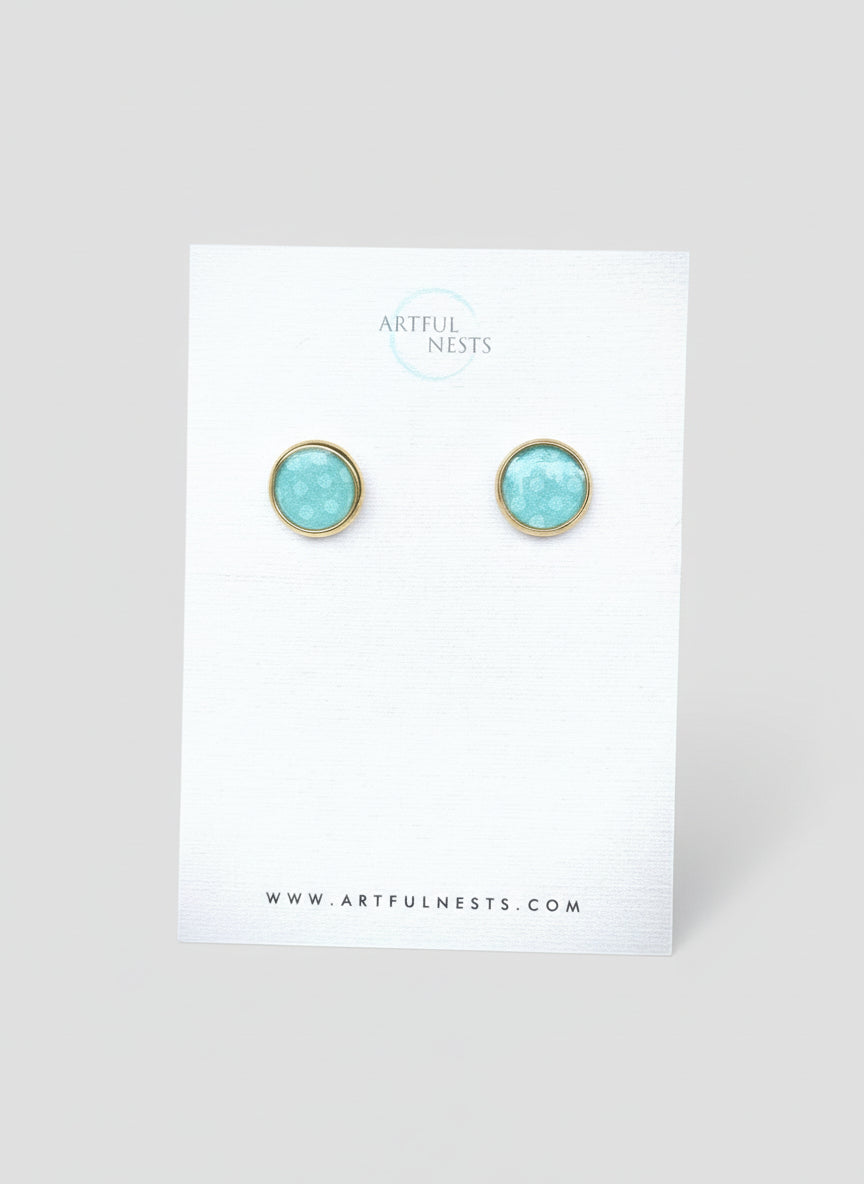 turquoise earrings with light blue dots gold stainless steel setting