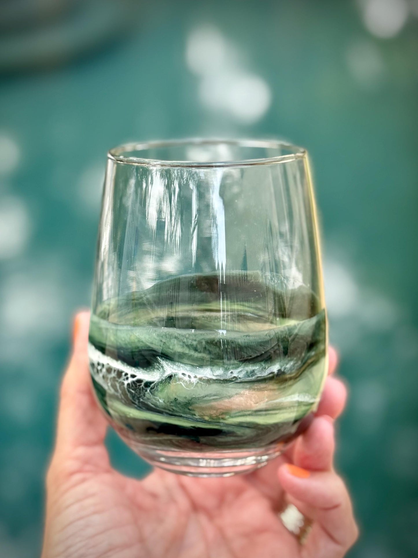 Stemless Wine Glass - Holiday Green Glassware - Gift for Host Wine