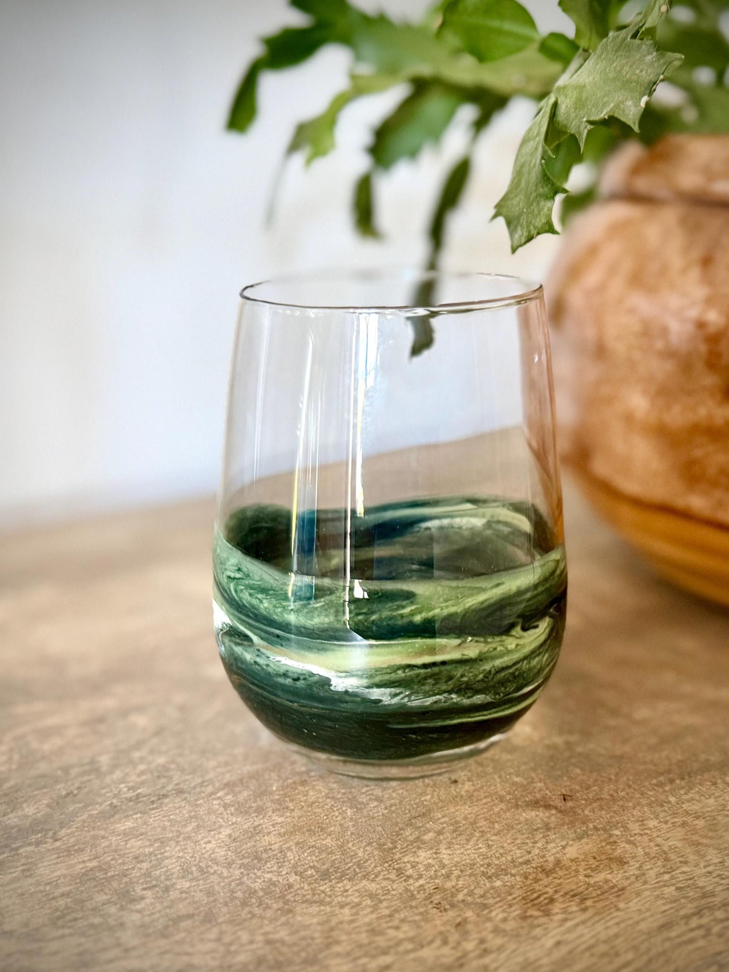 Stemless Wine Glass - Holiday Green Glassware - Gift for Host Wine