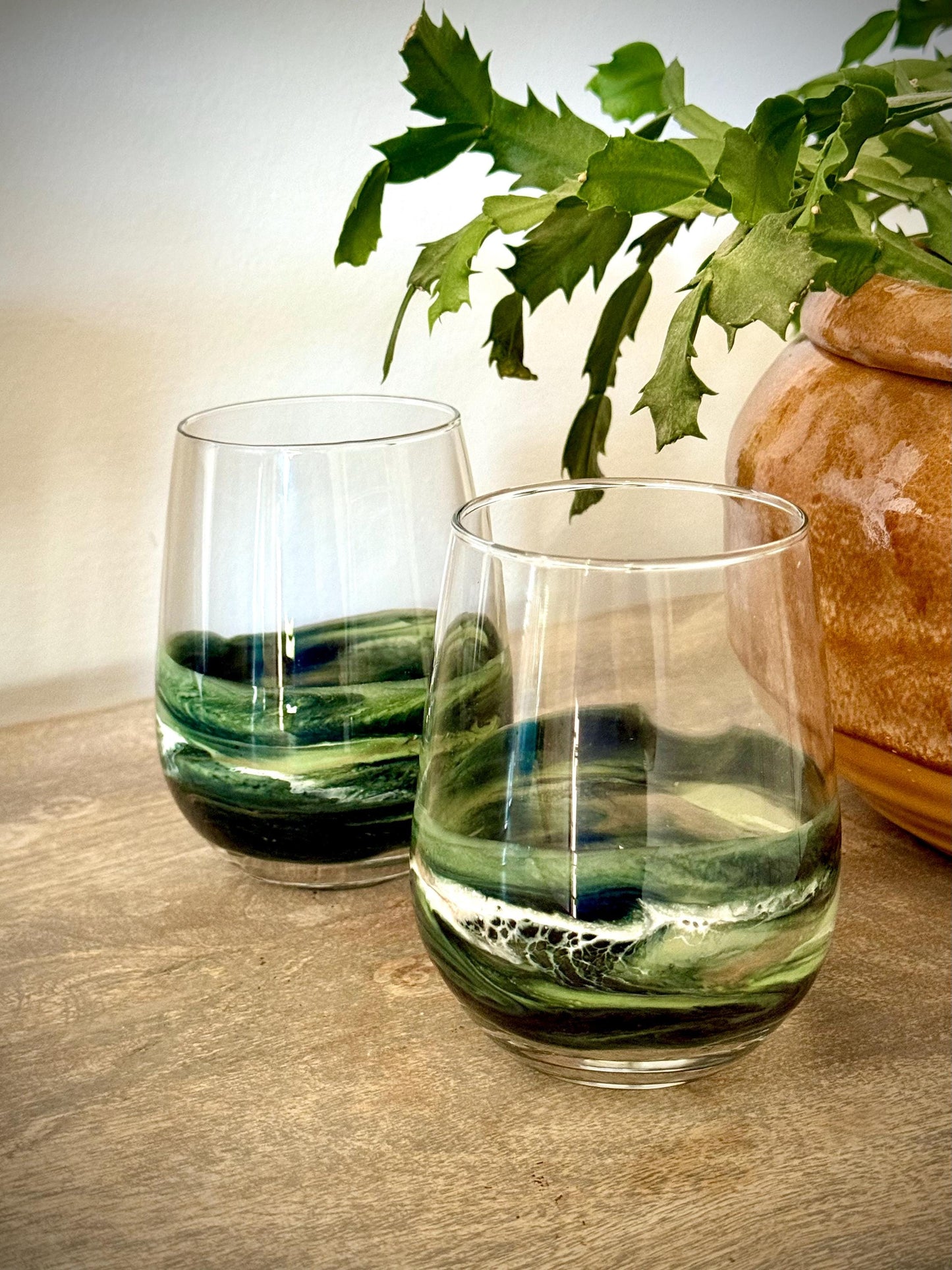 Stemless Wine Glass - Holiday Green Glassware - Gift for Host Wine