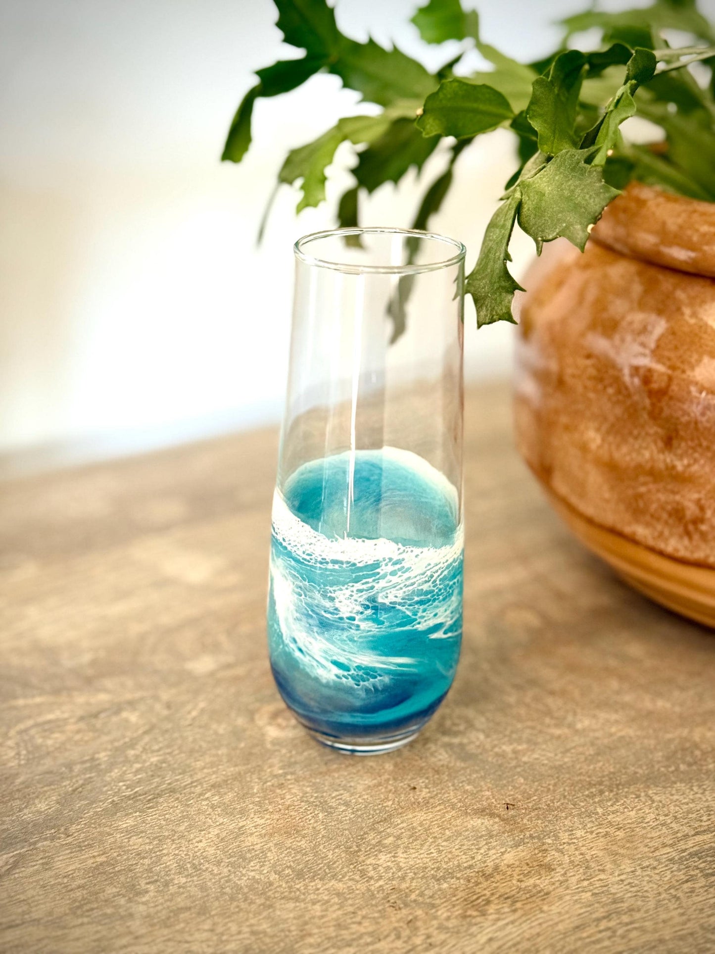 Stemless Glass Champagne Flute with Resin Waves