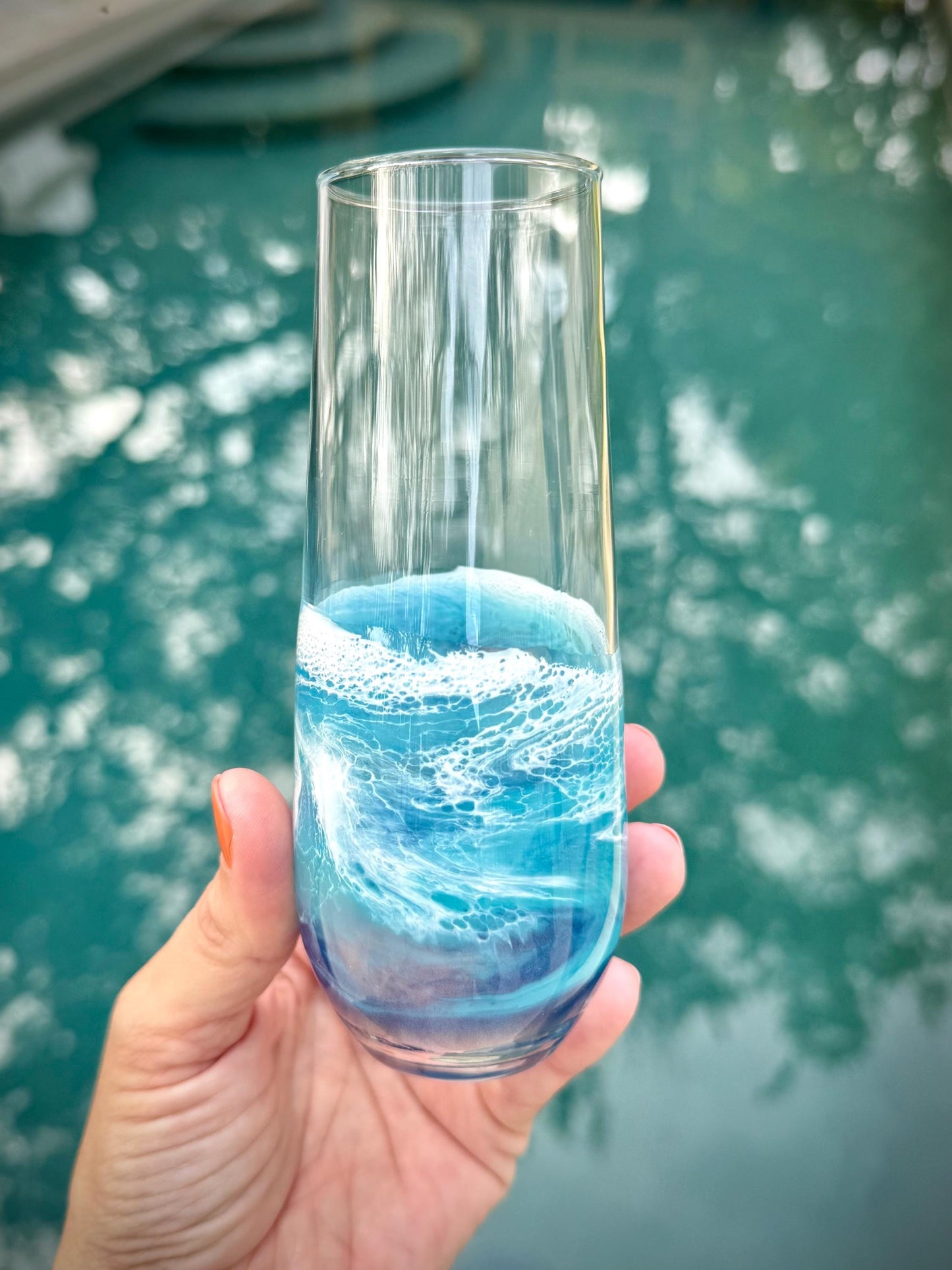 Stemless Glass Champagne Flute with Resin Waves
