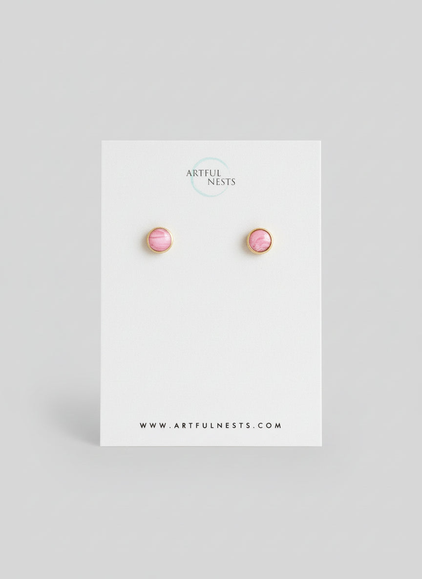 Simple Pink Round Stud Earrings - Hypoallergenic with Gold Stainless Steel