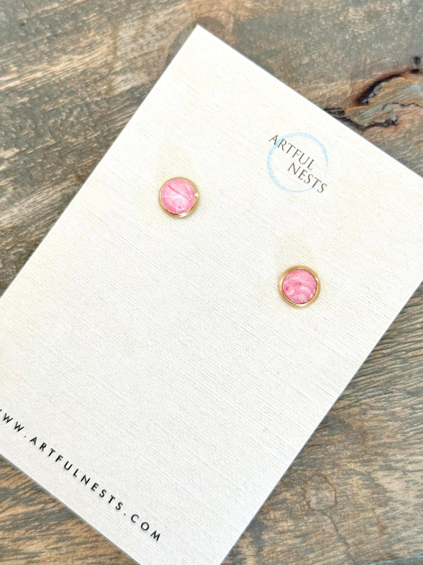 Simple Pink Round Stud Earrings - Hypoallergenic with Gold Stainless Steel