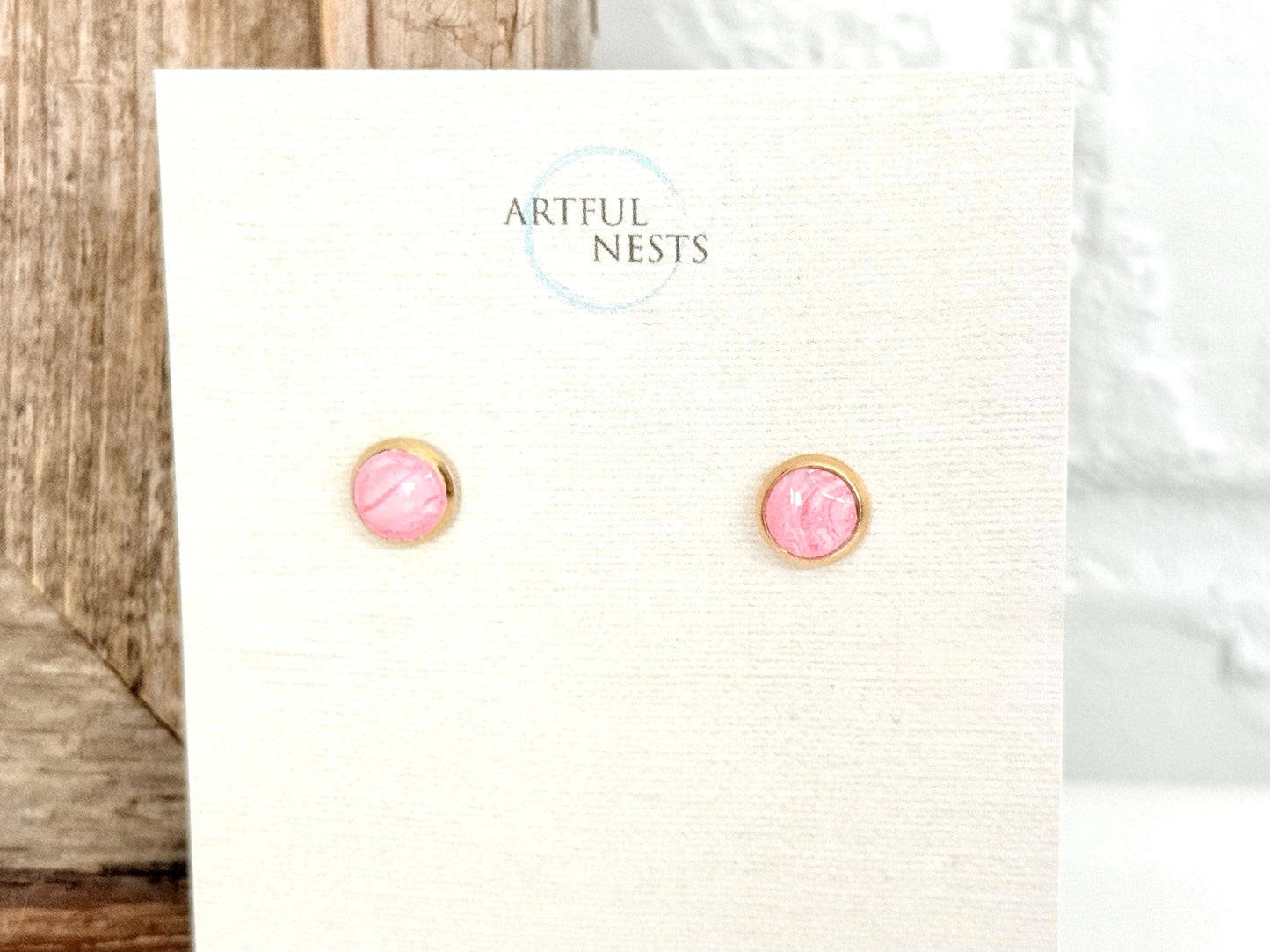 Simple Pink Round Stud Earrings - Hypoallergenic with Gold Stainless Steel