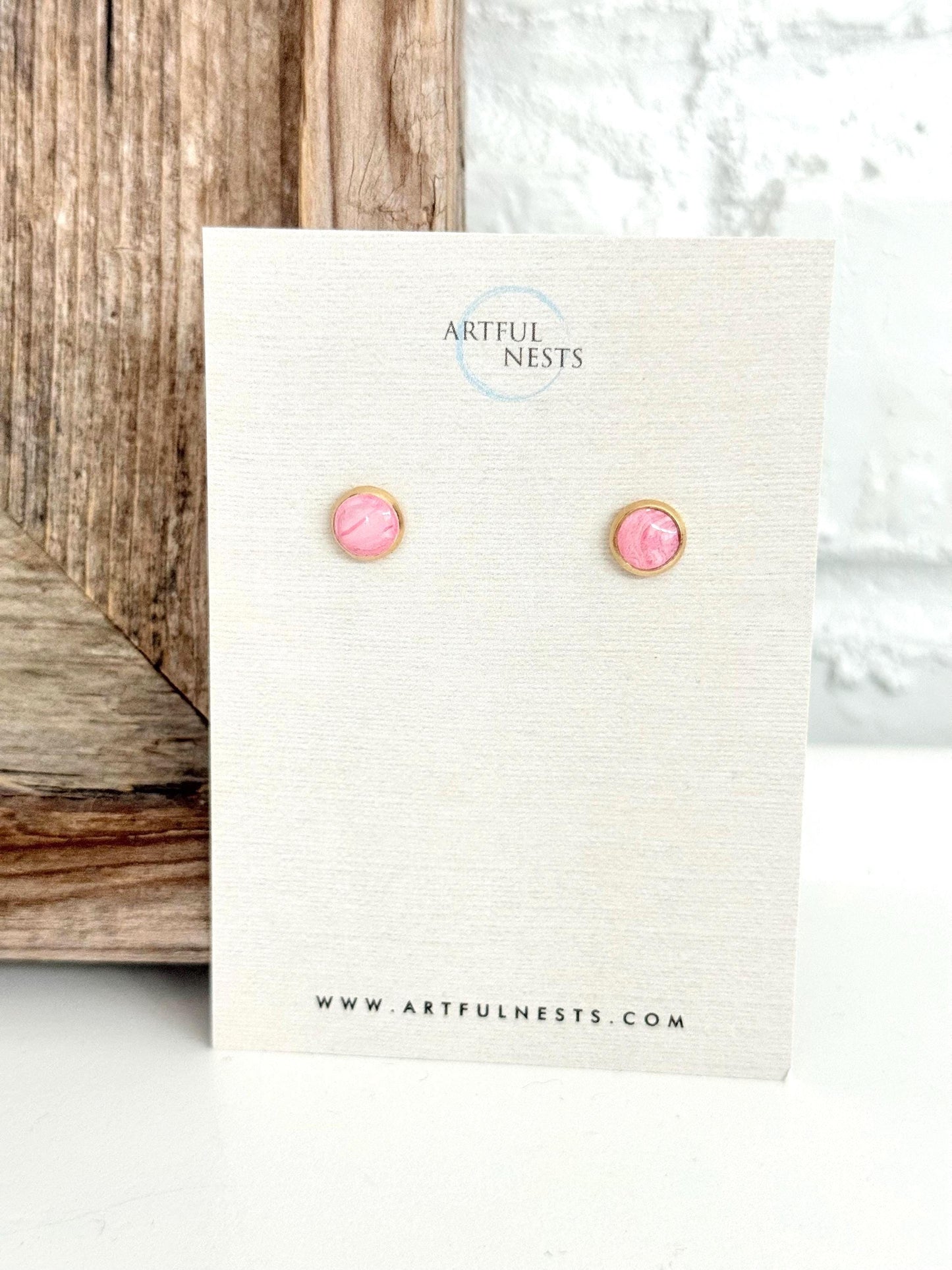 Simple Pink Round Stud Earrings - Hypoallergenic with Gold Stainless Steel