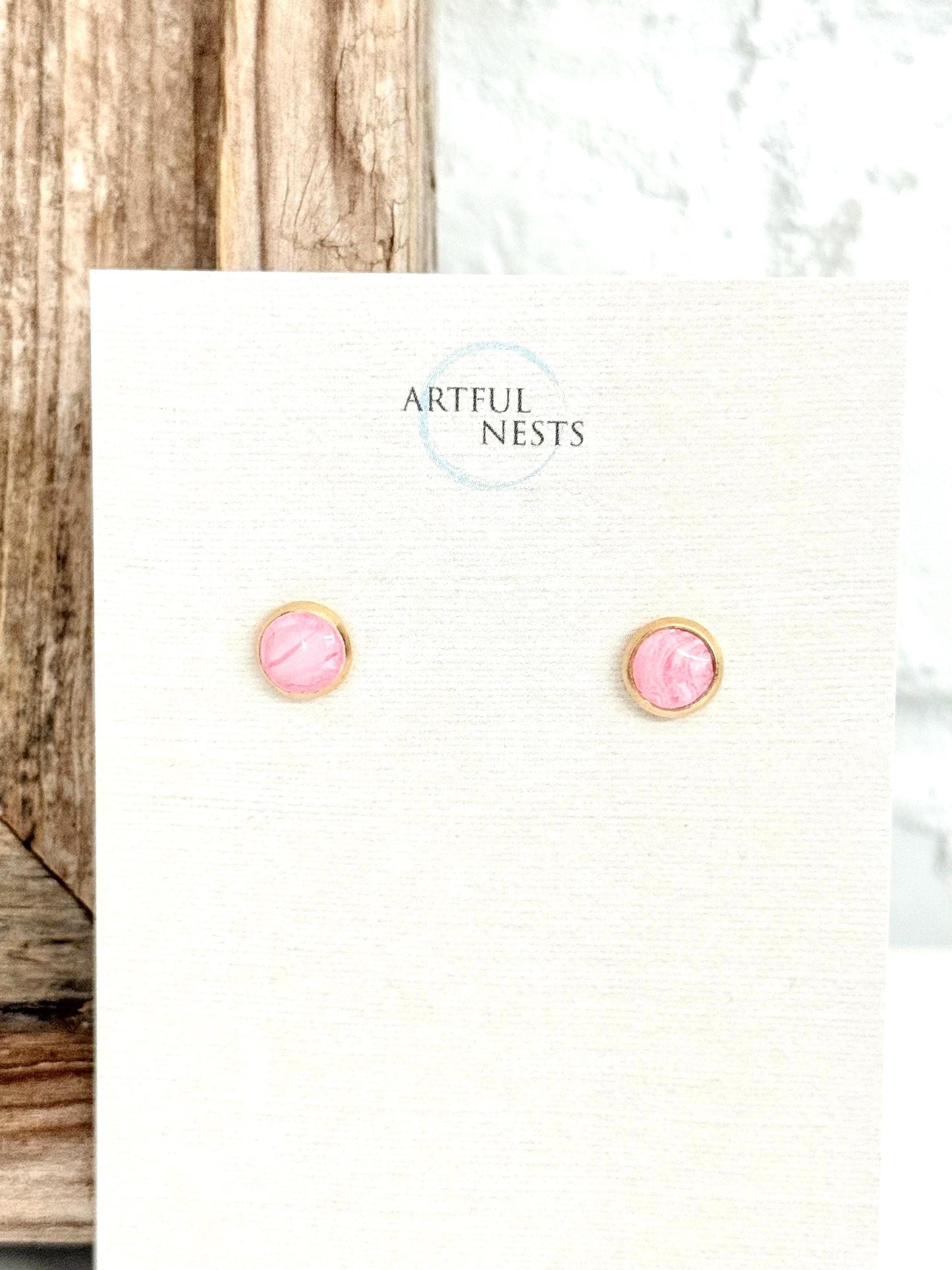 Simple Pink Round Stud Earrings - Hypoallergenic with Gold Stainless Steel