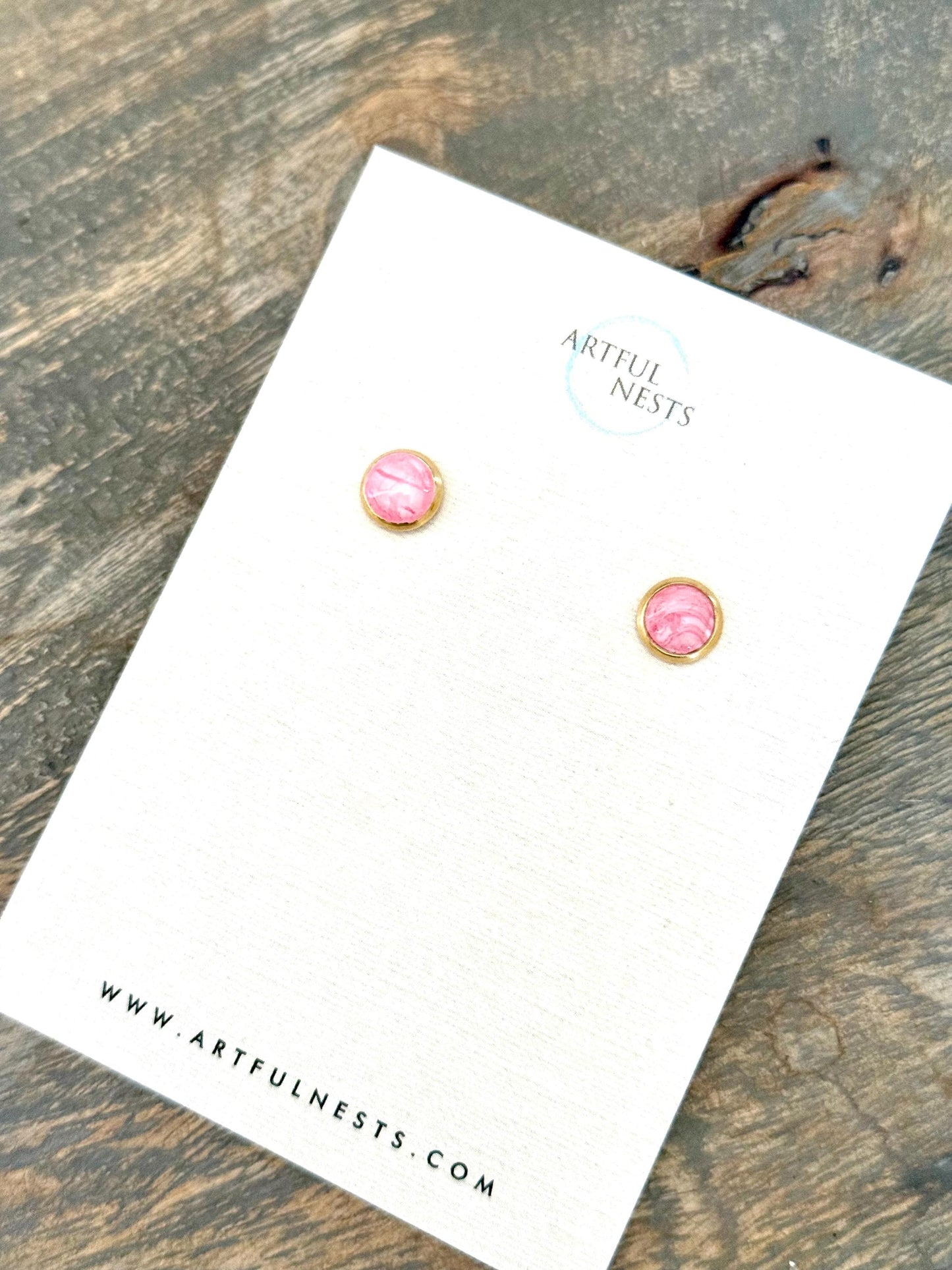 Simple Pink Round Stud Earrings - Hypoallergenic with Gold Stainless Steel