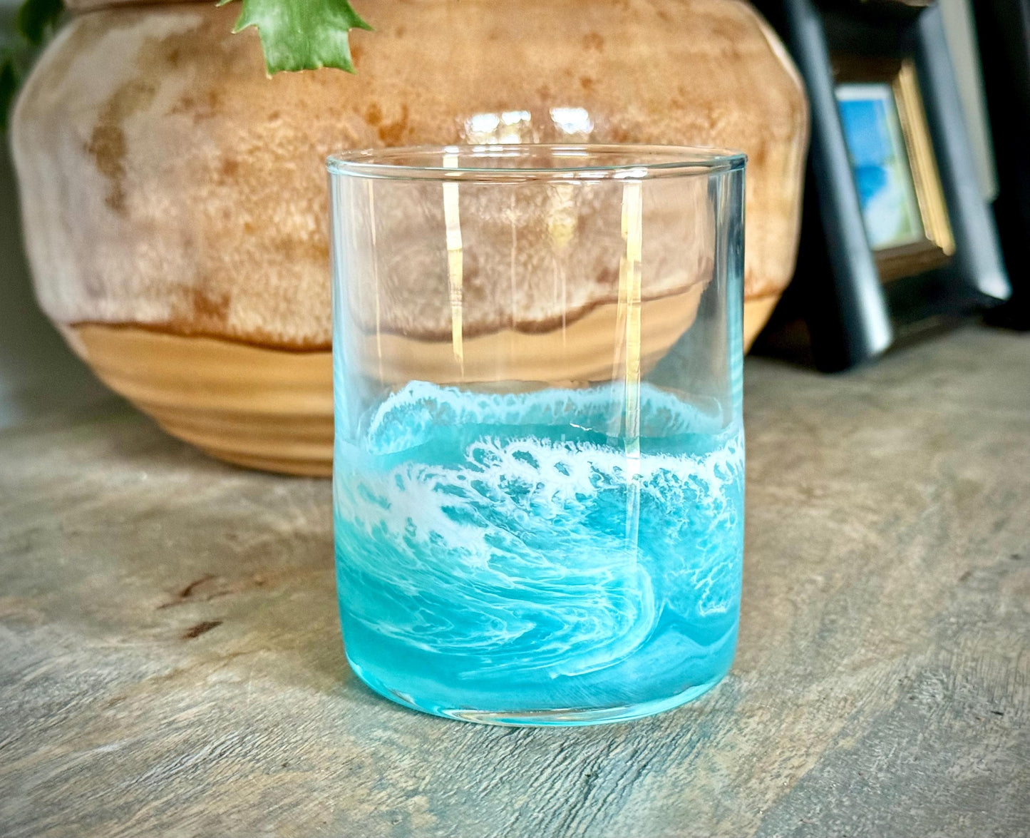Rocks Glass with Teal Resin - Gift for Bourbon Drinker - Christmas Gift Barware