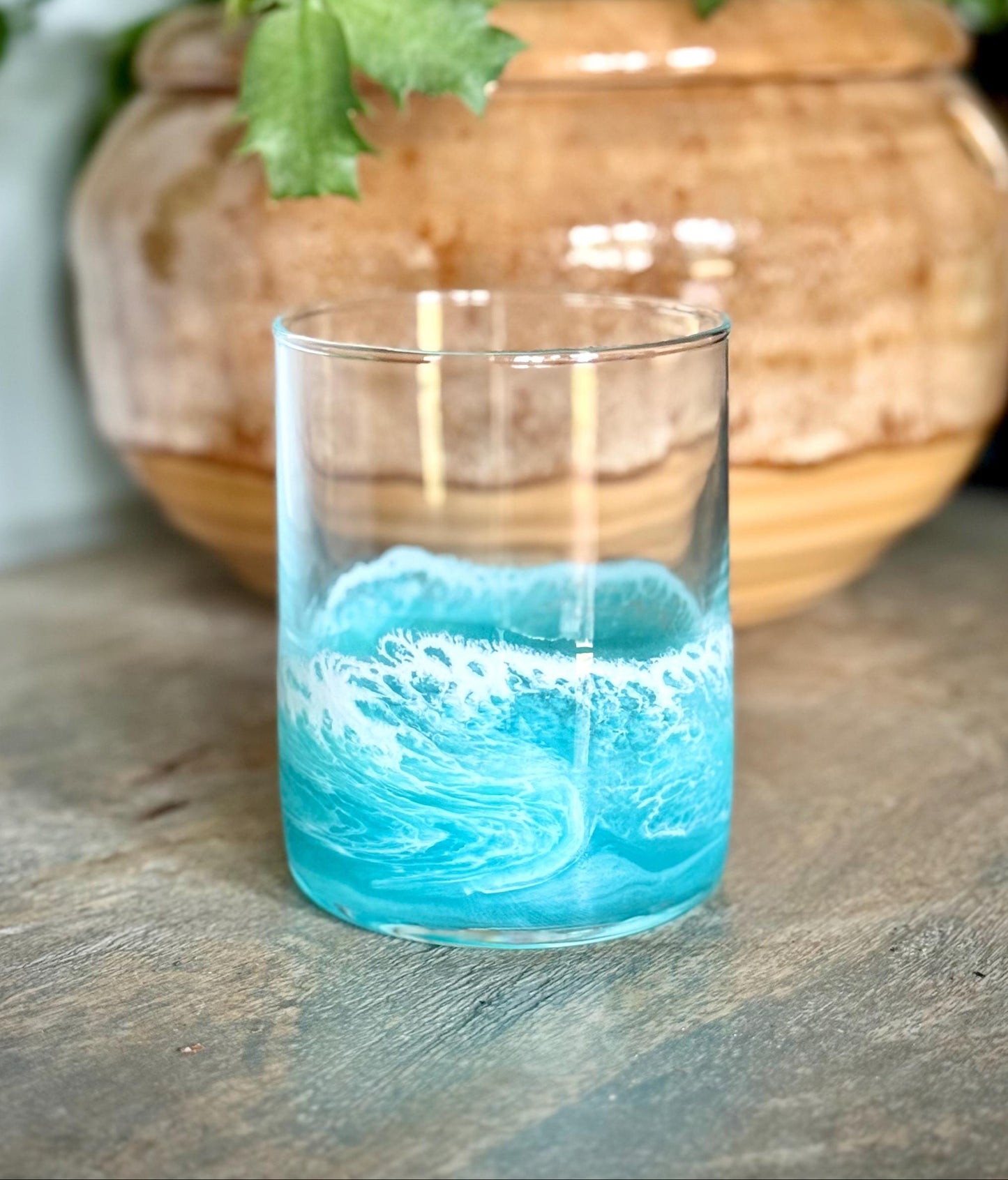 Rocks Glass with Teal Resin - Gift for Bourbon Drinker - Christmas Gift Barware