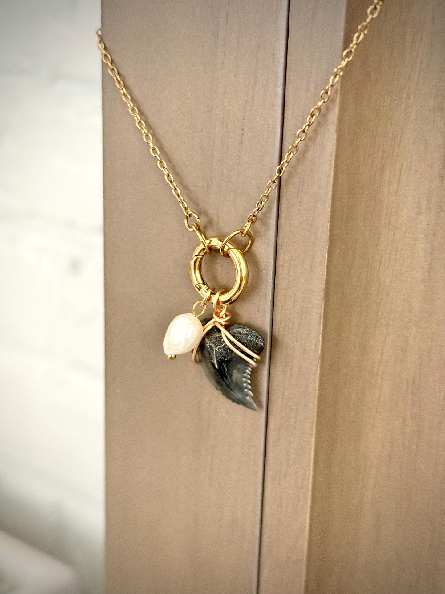 Charm Necklace Gold with Authentic Shark Tooth - Gift for Beach Lover Surfer