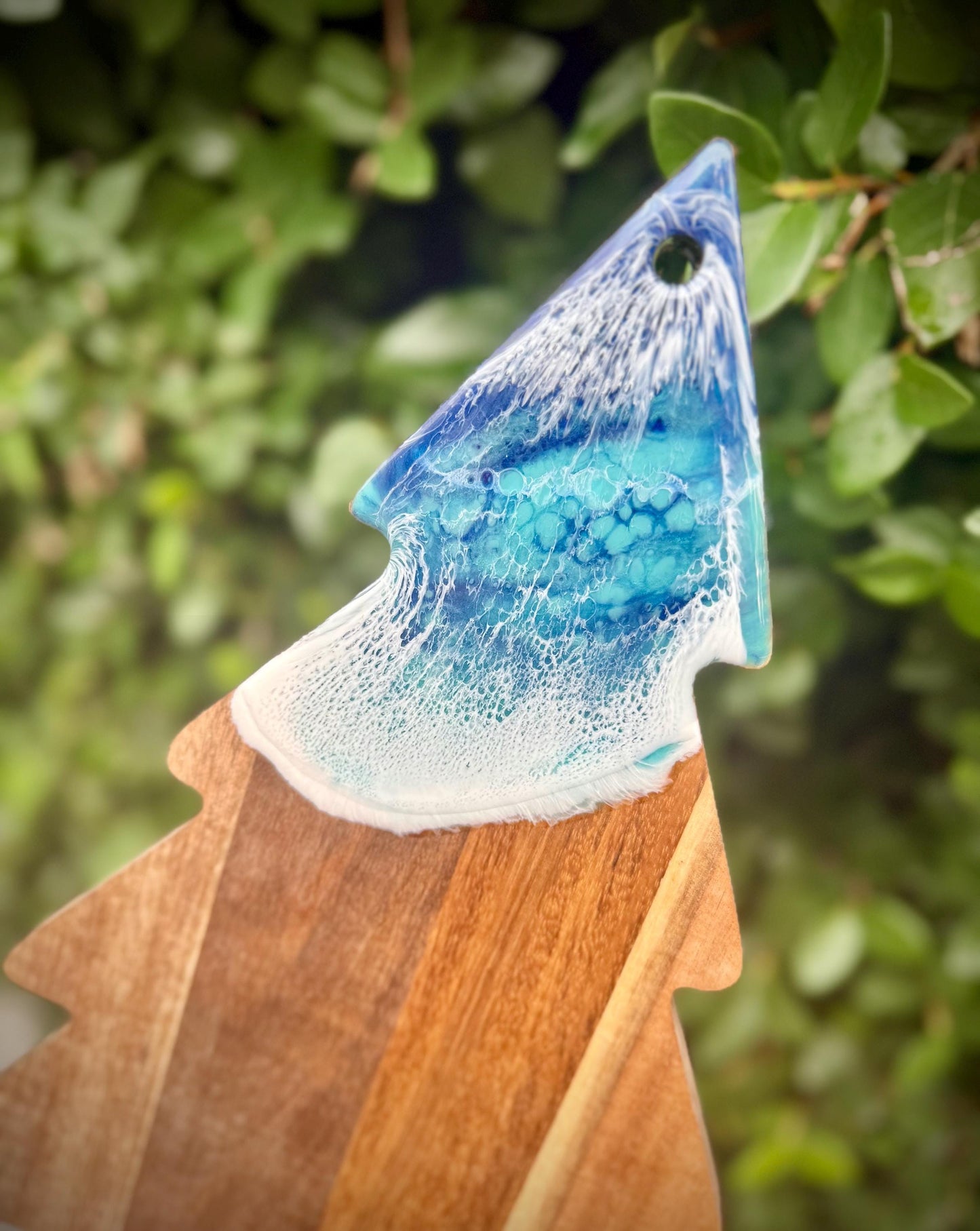 Christmas Tree Charcuterie Board with Resin Waves | Coastal Christmas Decor | Wood Holiday Serving Board | Beach House Gift