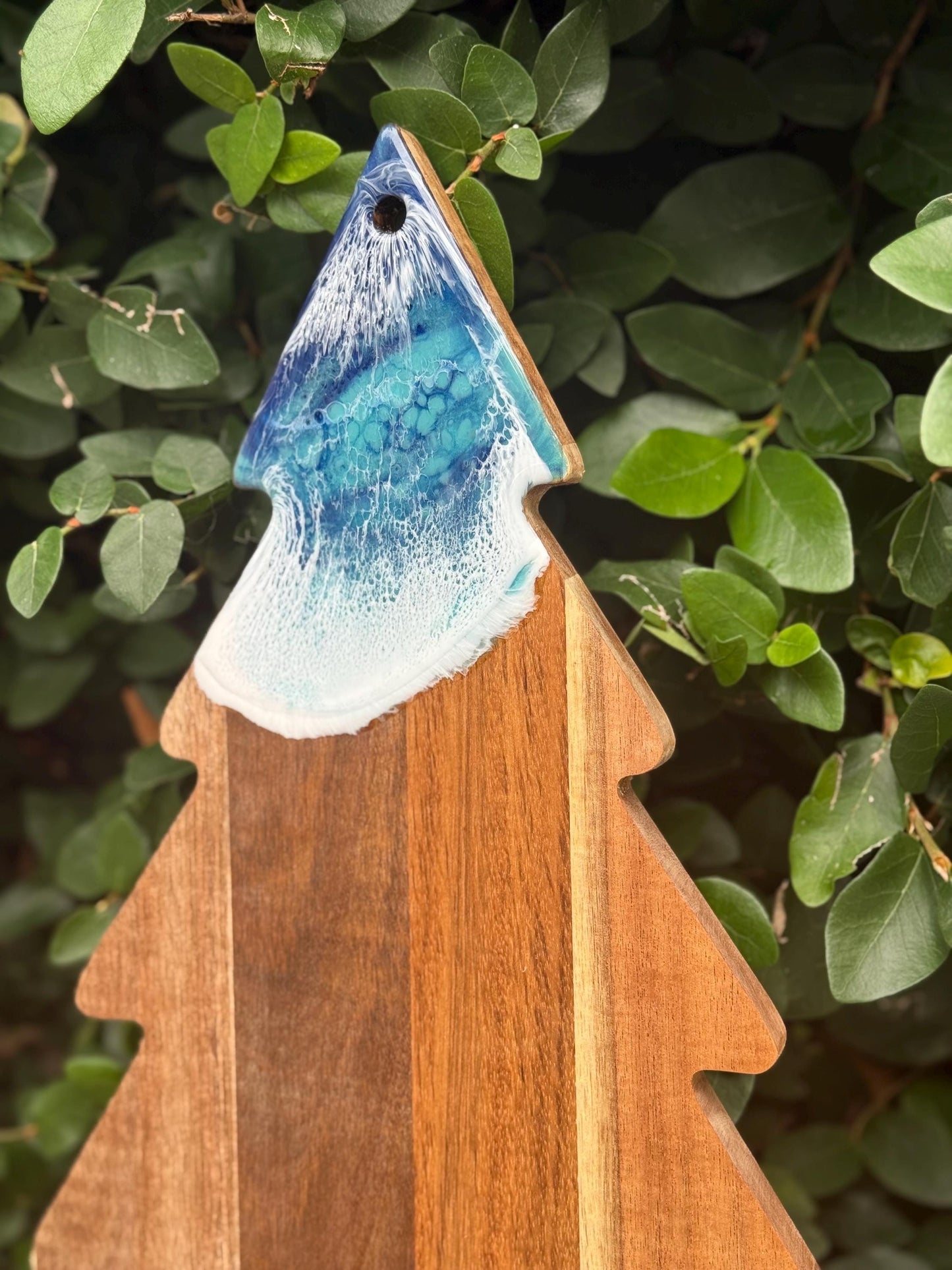 Christmas Tree Charcuterie Board with Resin Waves | Coastal Christmas Decor | Wood Holiday Serving Board | Beach House Gift