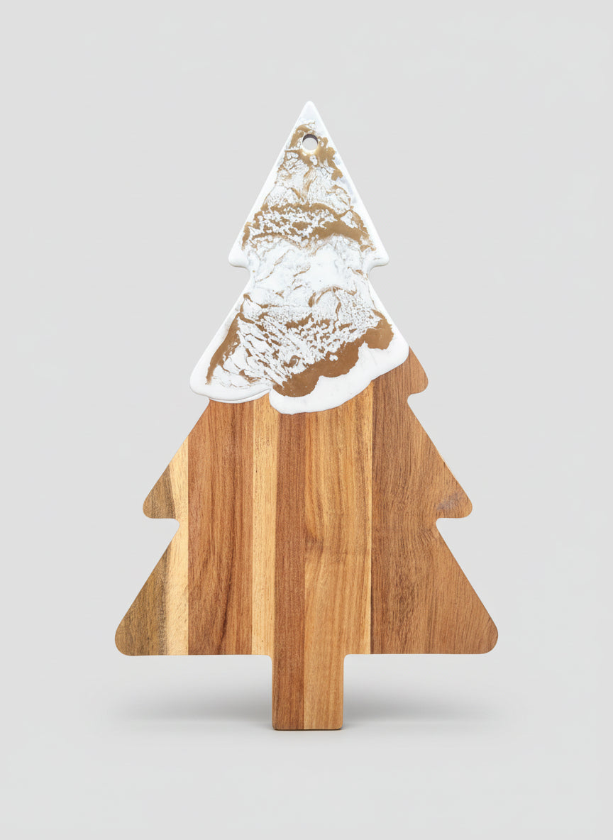 Wooden Christmas tree-shaped cutting board with white and gold resin accents