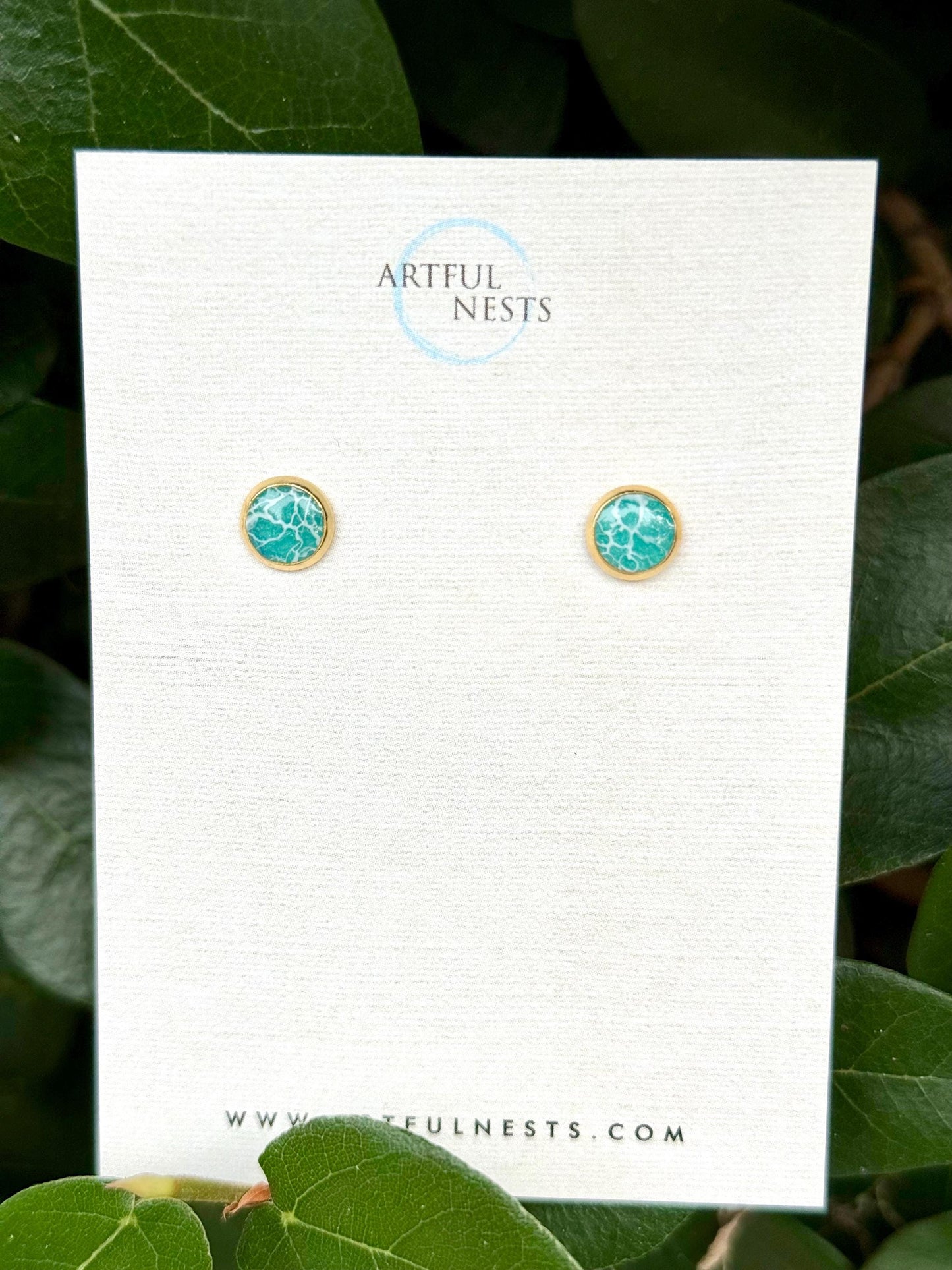 Gold Stainless Steel Wave Stud Earrings - Teal & Blue Resin