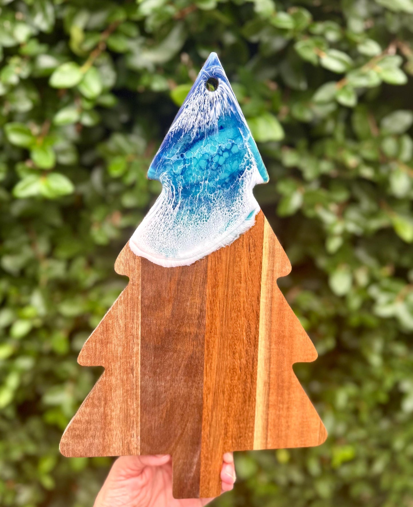 Christmas Tree Charcuterie Board with Resin Waves | Coastal Christmas Decor | Wood Holiday Serving Board | Beach House Gift