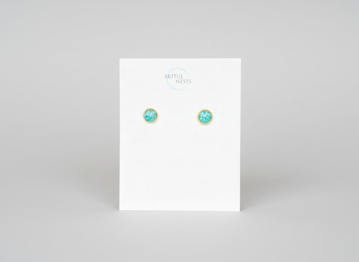 Gold Stainless Steel Wave Stud Earrings - Teal & Blue Resin