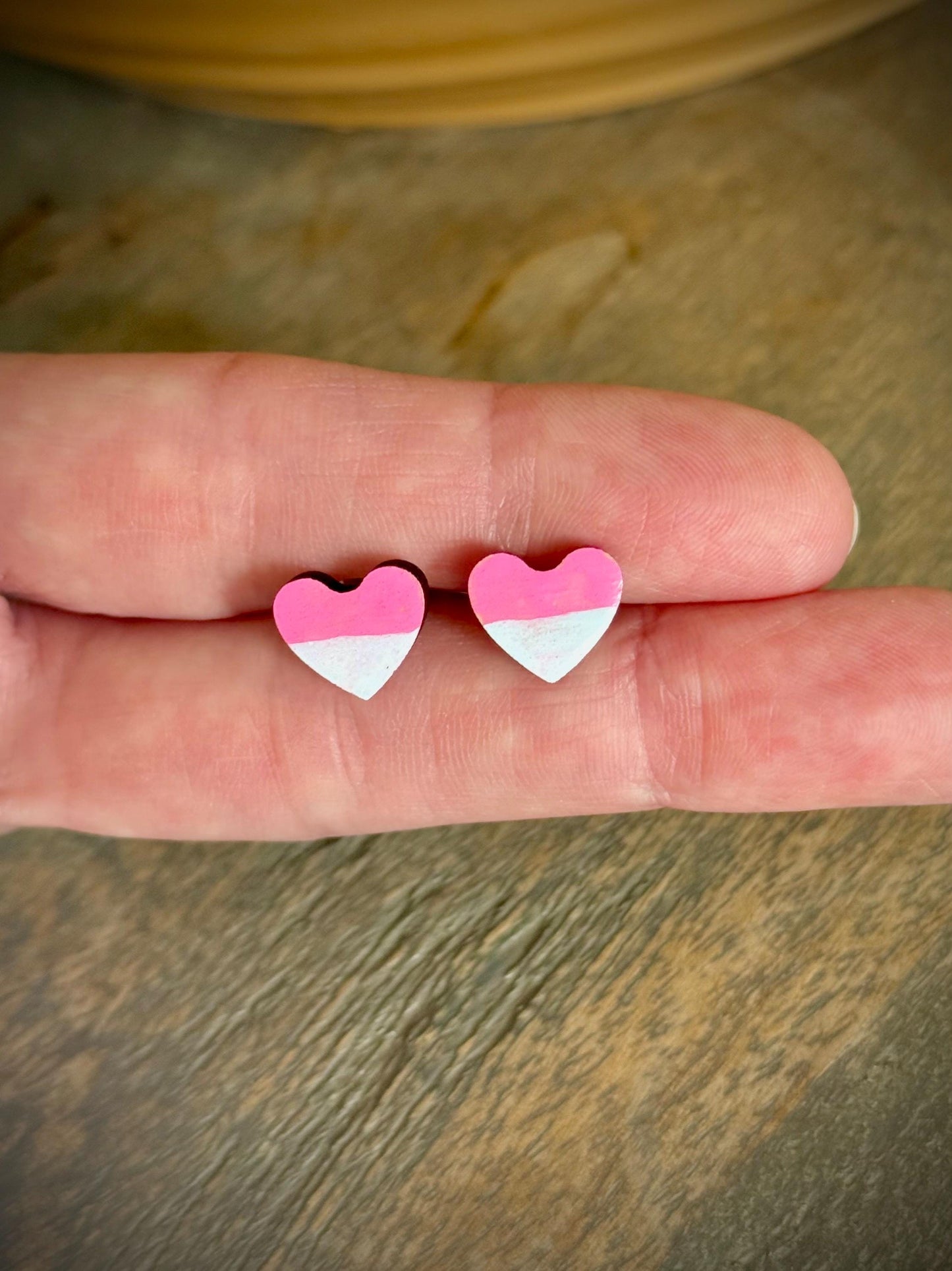 Handmade Pink Heart Stud Earrings  Lightweight Wood, Stainless Steel