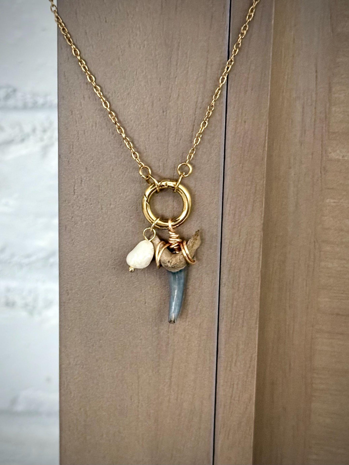 Shark Tooth Necklace with Gold Chain and Charm Holder - Coastal Jewelry