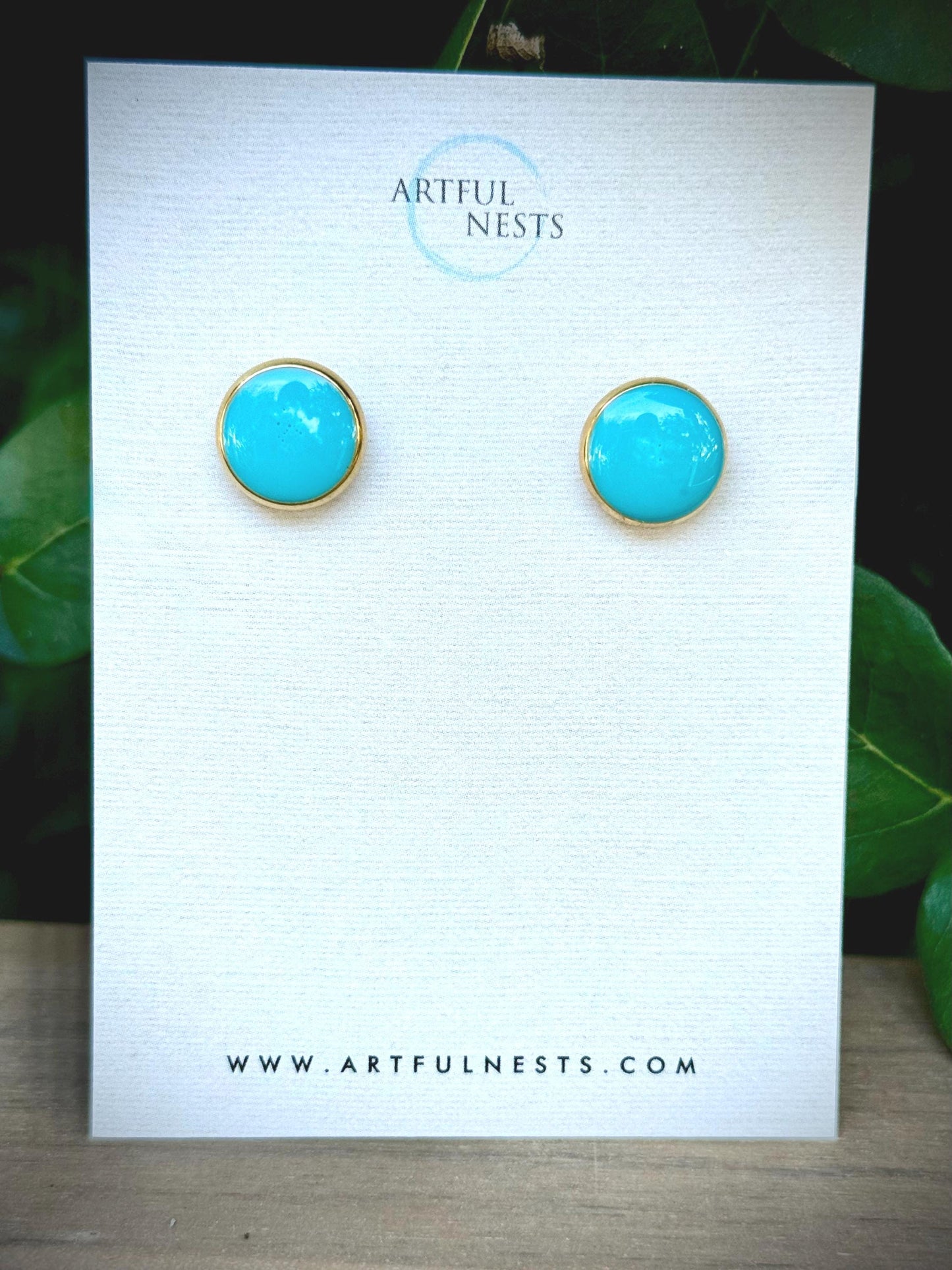 Teal Resin Stud Earrings - Gold Stainless Steel, Sensitive Ears - 10mm