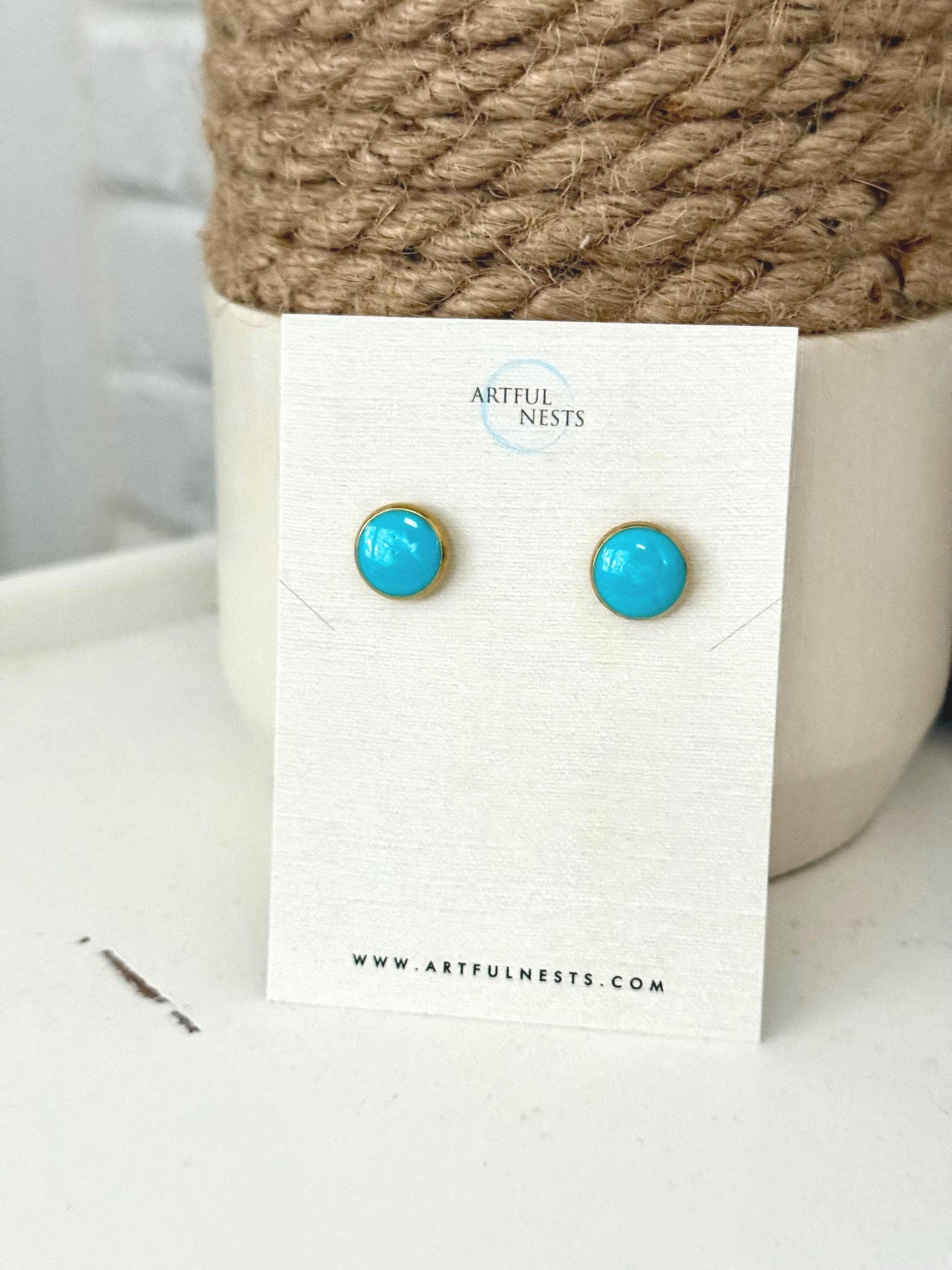 Teal Resin Stud Earrings - Gold Stainless Steel, Sensitive Ears - 10mm