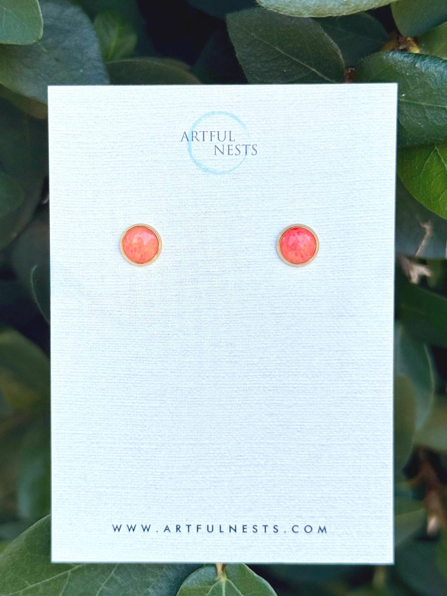 Pink Orange Resin Stud Earrings | Gold Stainless Steel, Hypoallergenic