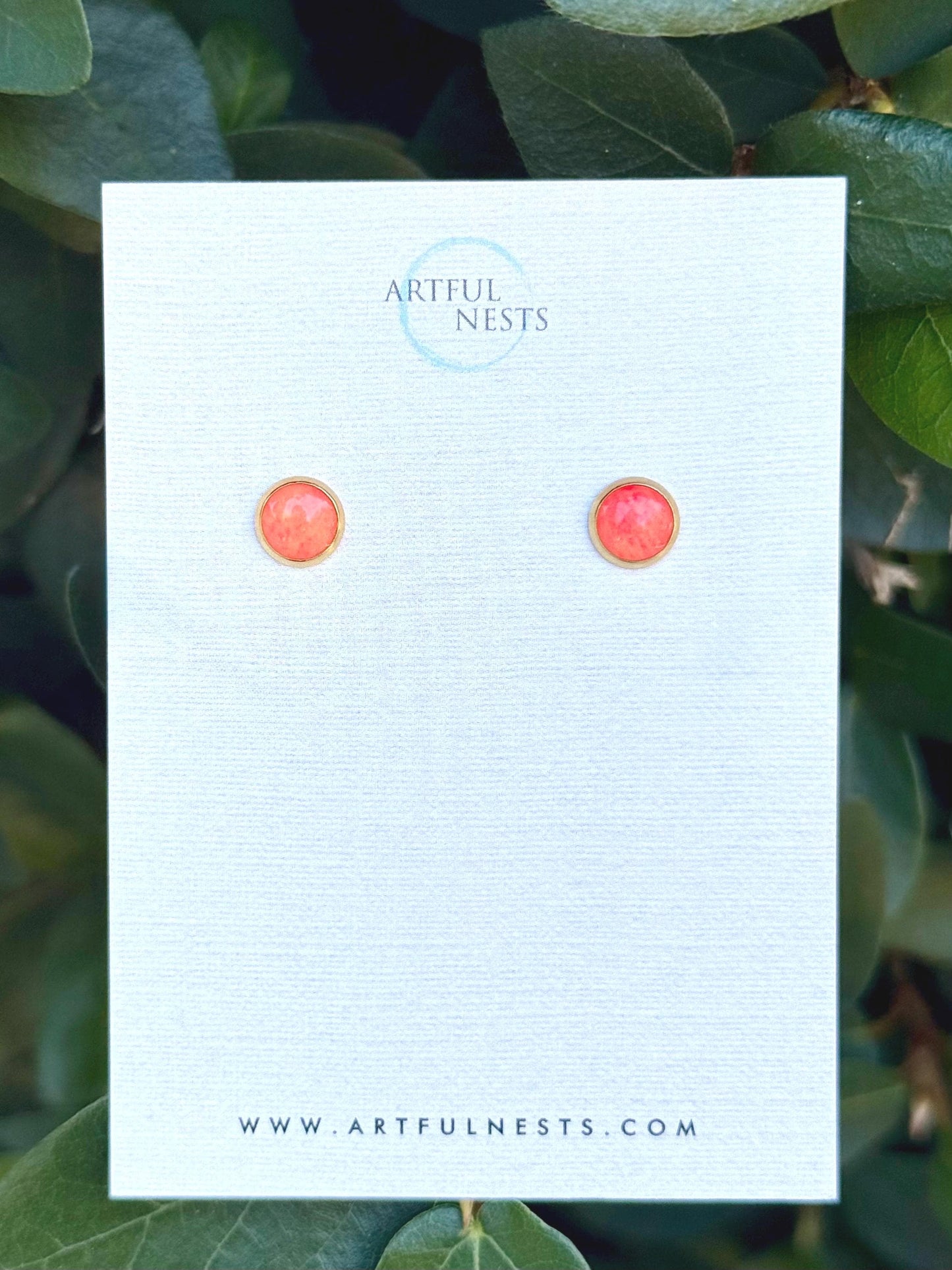 Pink Orange Resin Stud Earrings 10mm | Gold Stainless Steel, Hypoallergenic