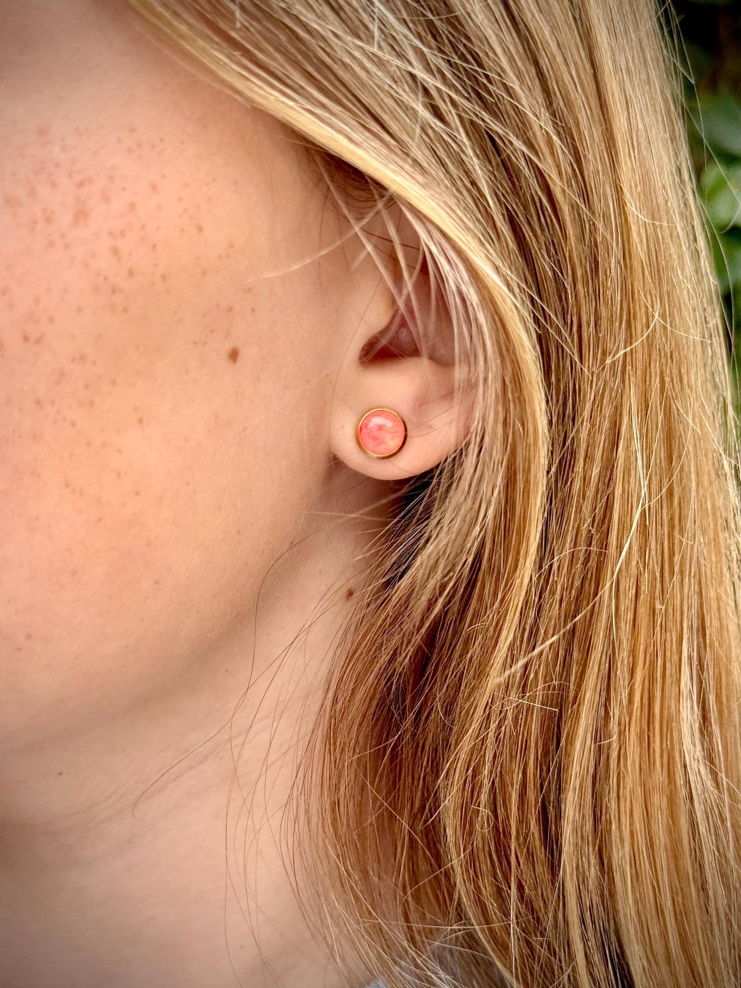 Pink Orange Resin Stud Earrings | Gold Stainless Steel, Hypoallergenic