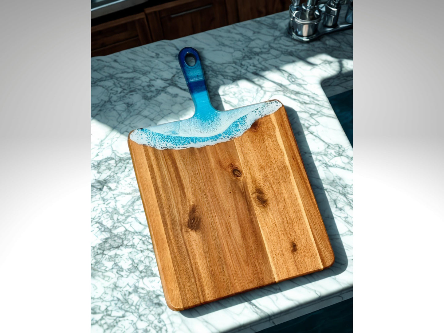 Wooden Charcuterie Board with Resin Waves - Coastal Serving Board