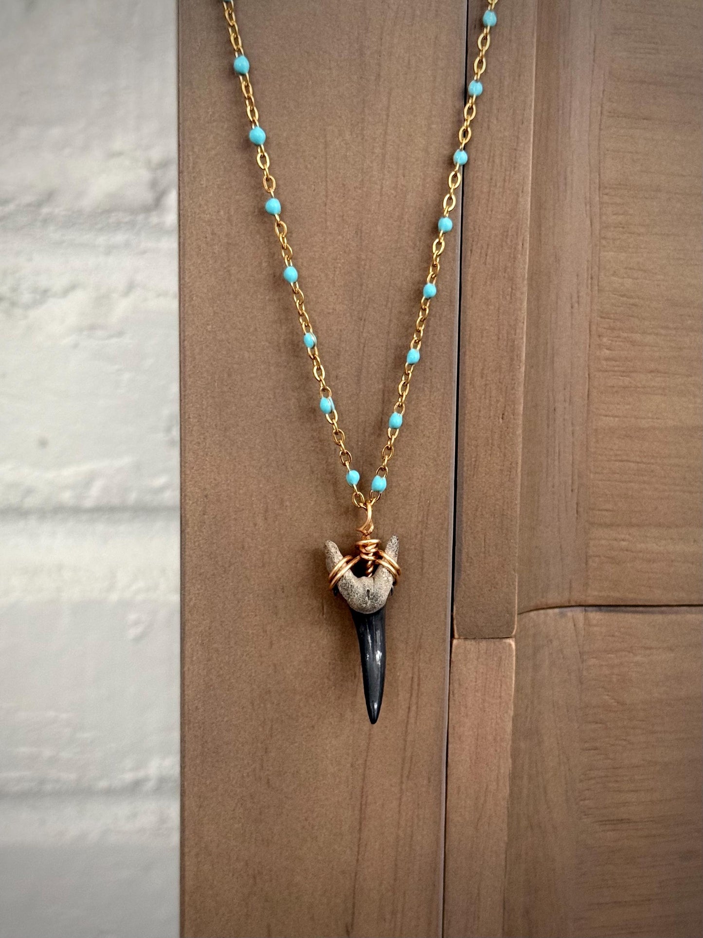 18" Waterproof Shark Tooth Necklace with Gold and Turquoise Chain