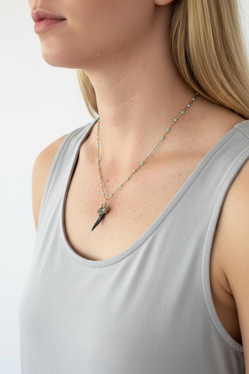 18" Waterproof Shark Tooth Necklace with Gold and Turquoise Chain