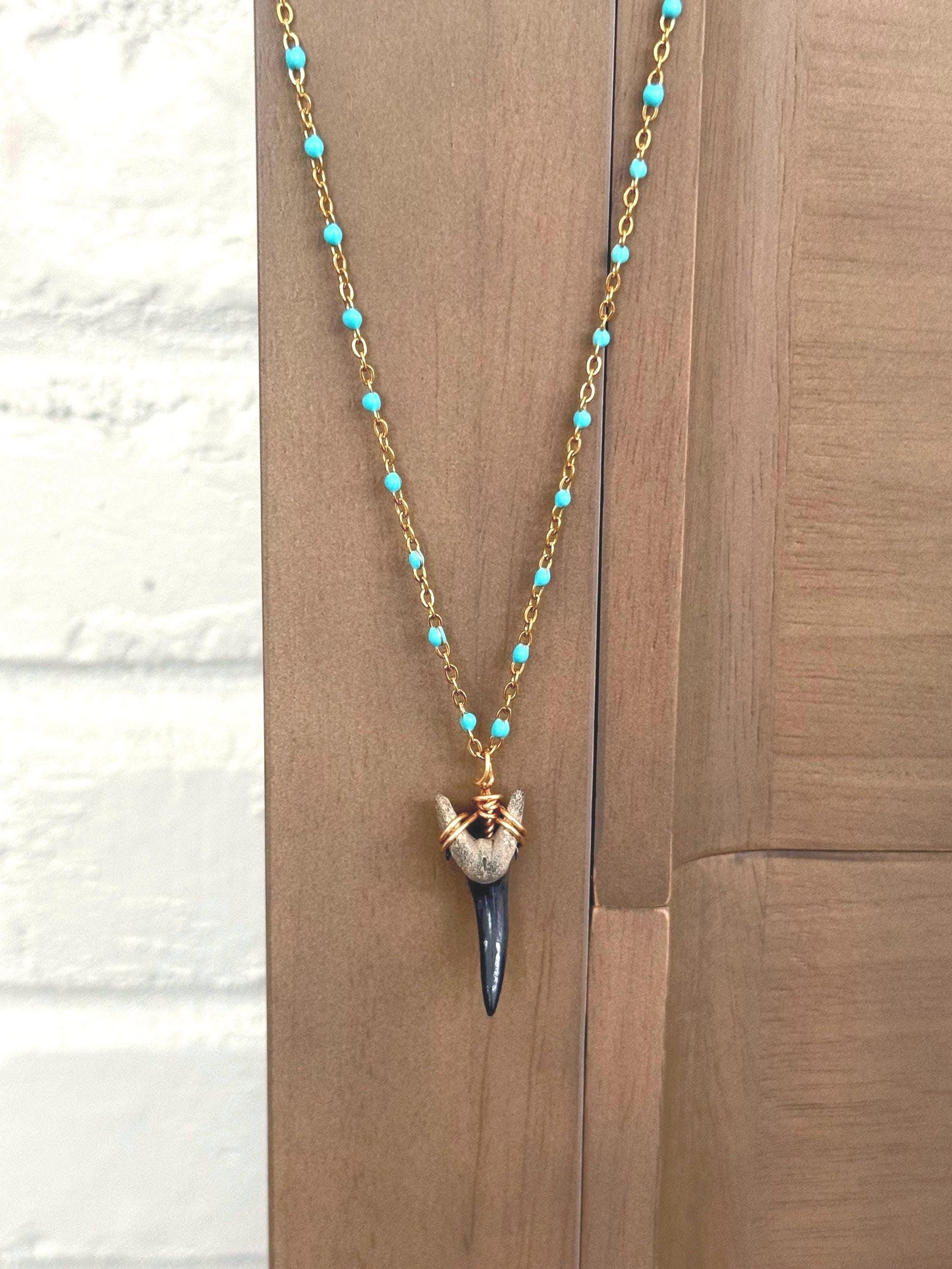 18" Waterproof Shark Tooth Necklace with Gold and Turquoise Chain