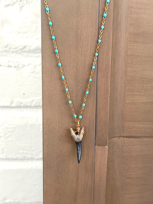 18" Waterproof Shark Tooth Necklace with Gold and Turquoise Chain