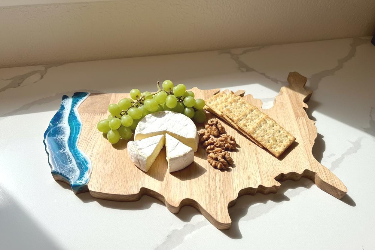 USA Shaped Charcuterie Board / Resin Ocean Wave Cheese Board / United States Map Serving Tray / Patriotic Cutting Board / 4th of July Gift