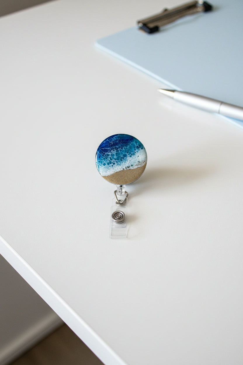 Ocean Resin Wave Retractable ID Holder | 360 Swivel Alligator Clip