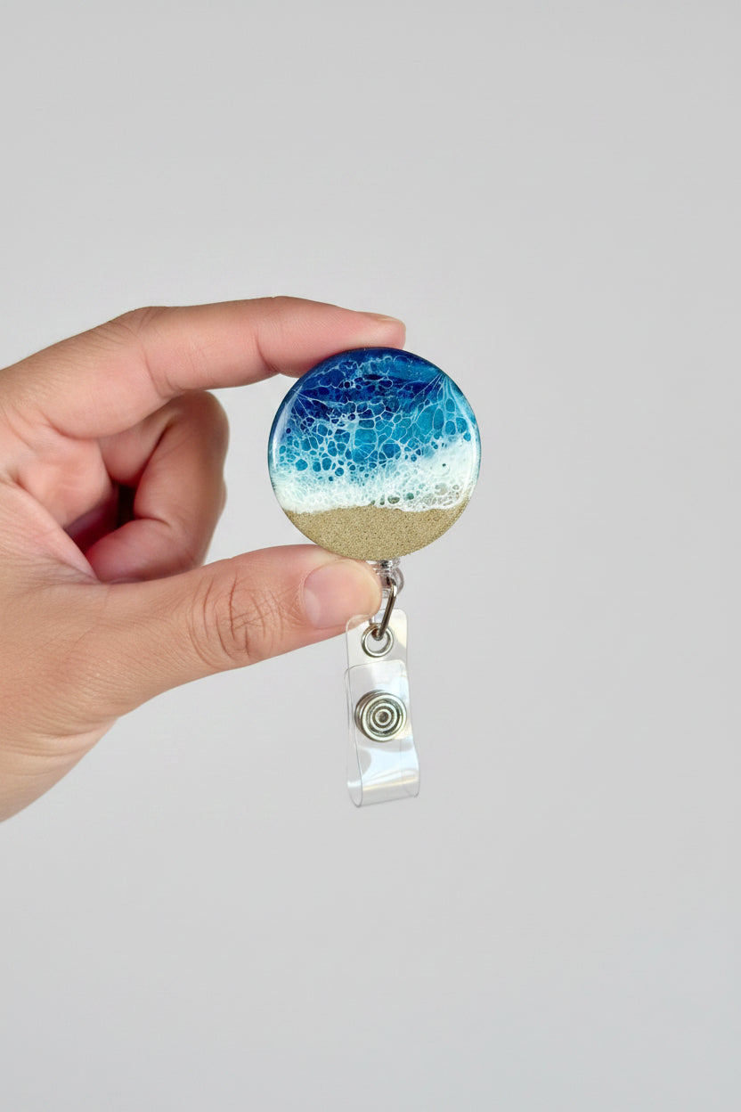 Ocean Resin Wave Retractable ID Holder | 360 Swivel Alligator Clip