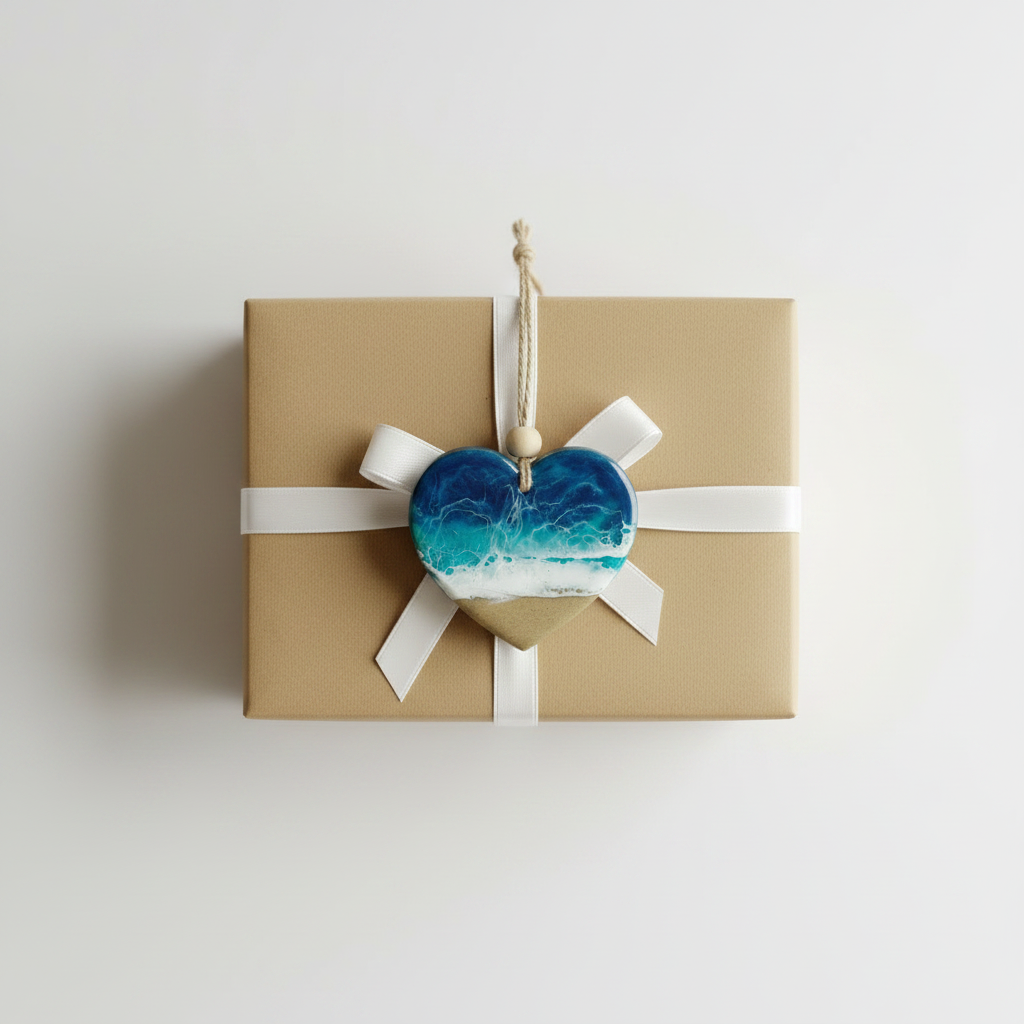 Ocean Resin Heart Ornament – Top Down Gift Flat Lay