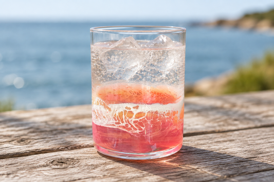 Resin glass with a clear iced drink on a rustic wooden table