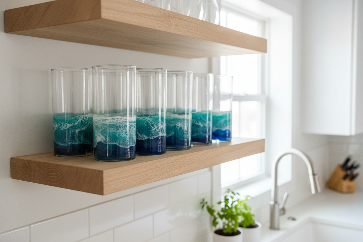 Resin Wave Glasses Grouped on Floating Wood Shelf