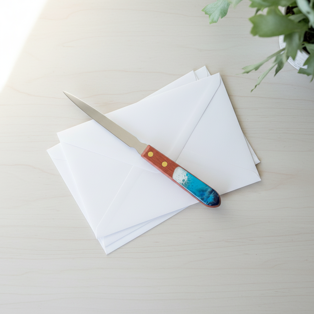 Resin Wave Letter Opener – Overhead Flat Lay on Envelopes